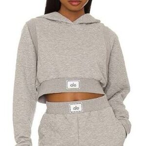 ALO Yoga Heather Gray Cropped Sweatshirt and matching high waist shorts